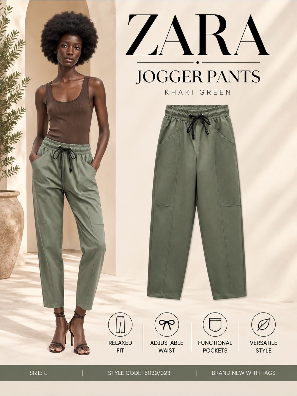 Zara Green Drawstring Jogger Pants NWT Size L